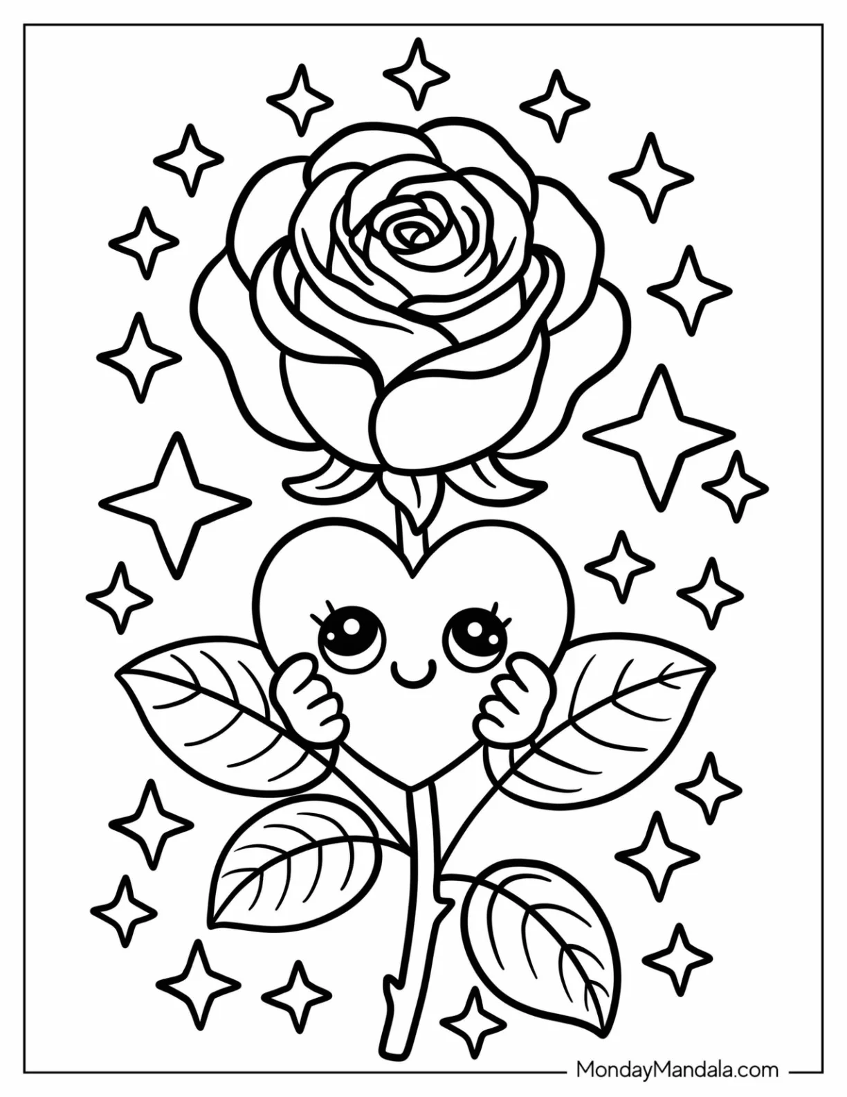 Beautiful Rose Coloring Page Holding Love Heart with Sparkles for Kids coloring page — printable line art