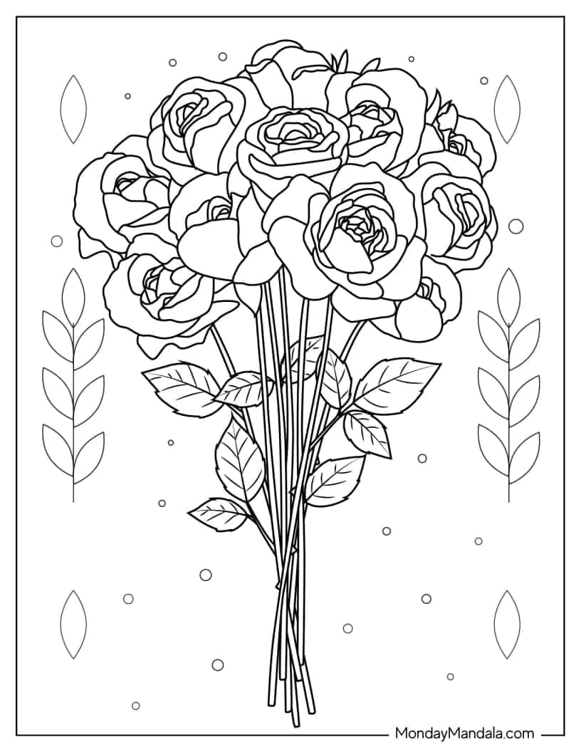 Bouquet Of Roses With Long Stems coloring page — printable line art