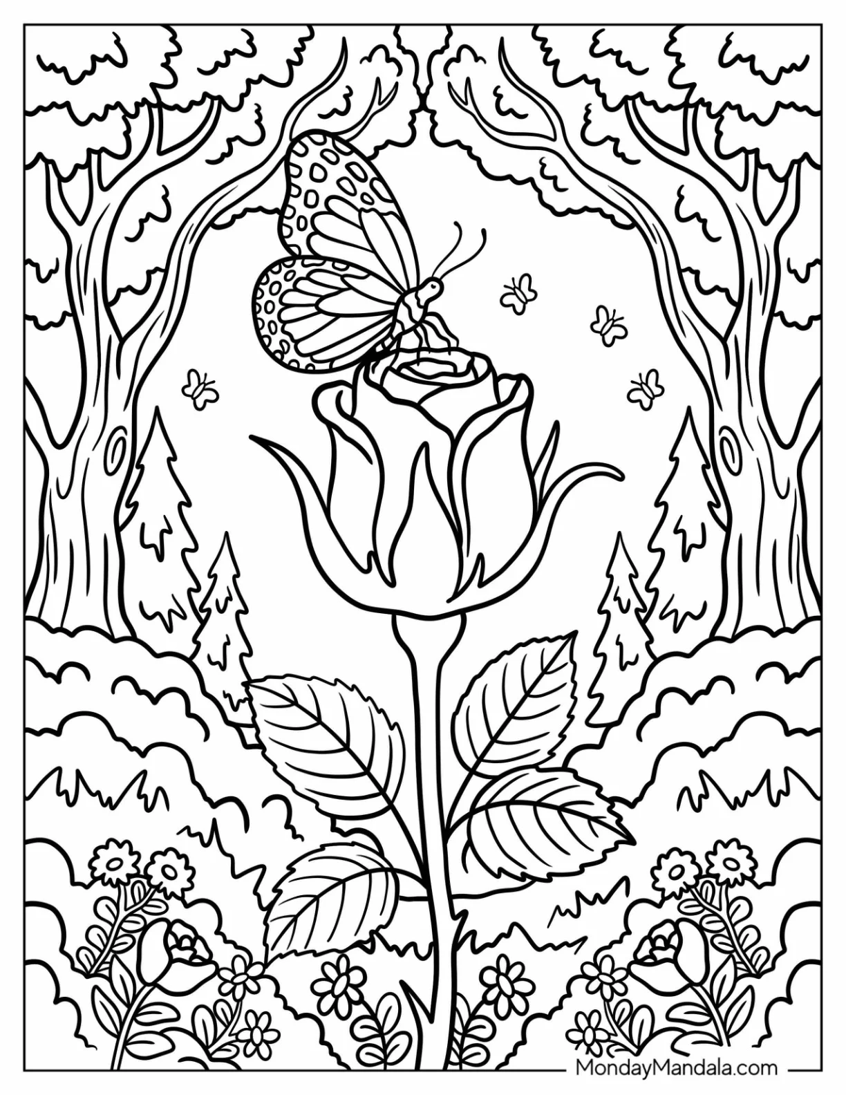 Butterfly Perched on a Rose Coloring Page in the Middle of a Forest coloring page — printable line art