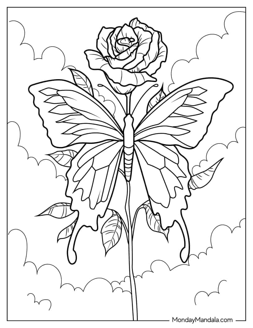 Butterfly Resting On Rose Stem coloring page — printable line art