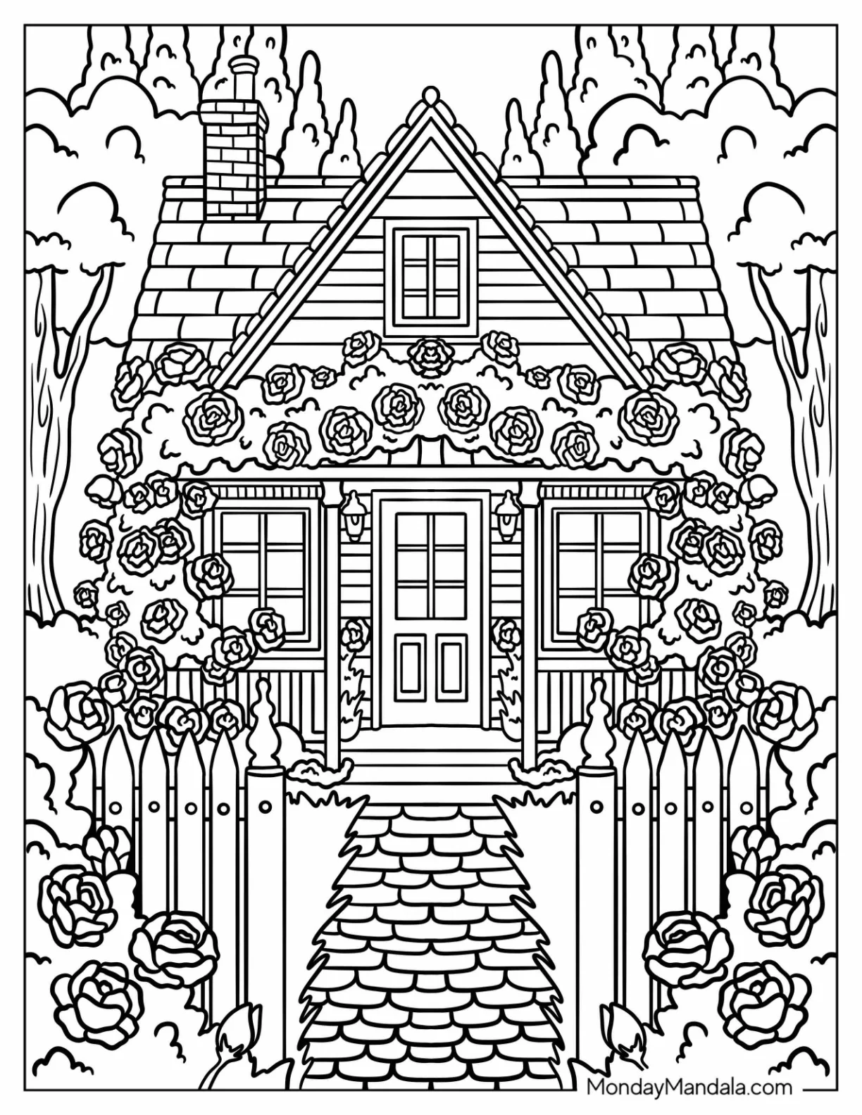 Cottage Covered in Rose Coloring Page Bushes coloring page