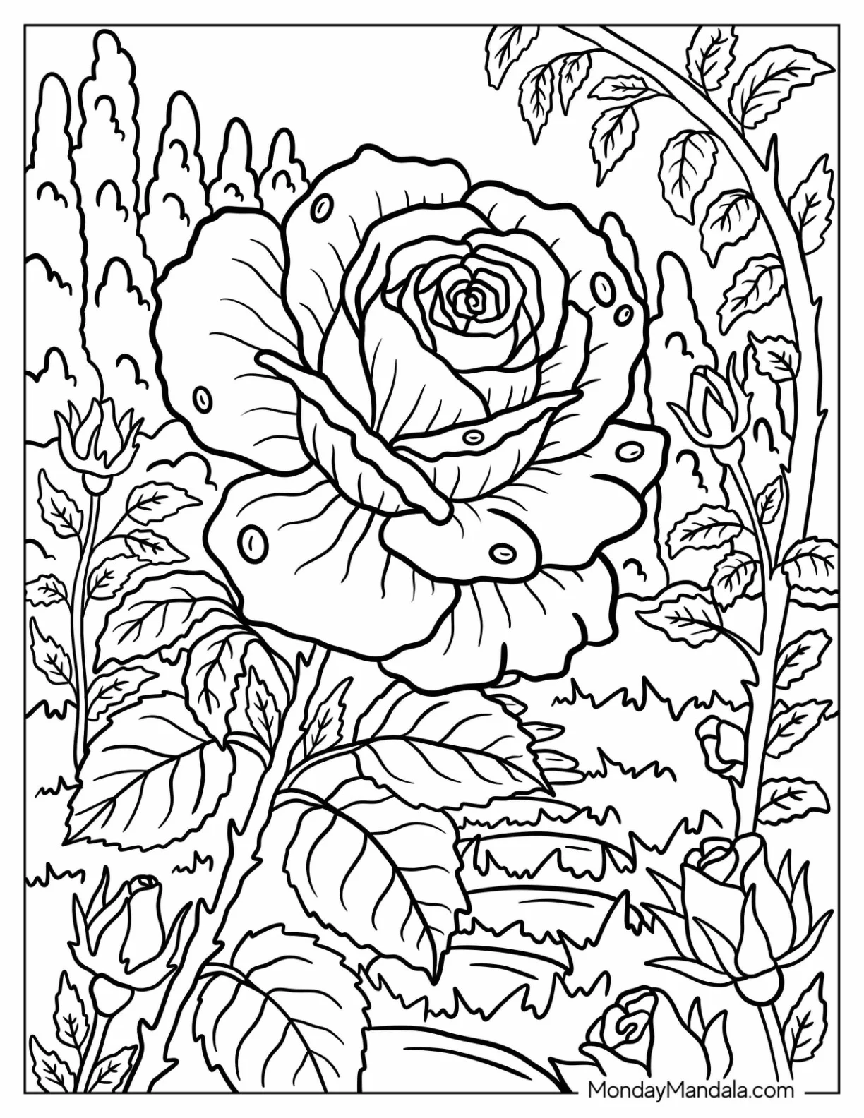 Dewy Rose Coloring Page in Full Bloom in the Garden coloring page — printable line art
