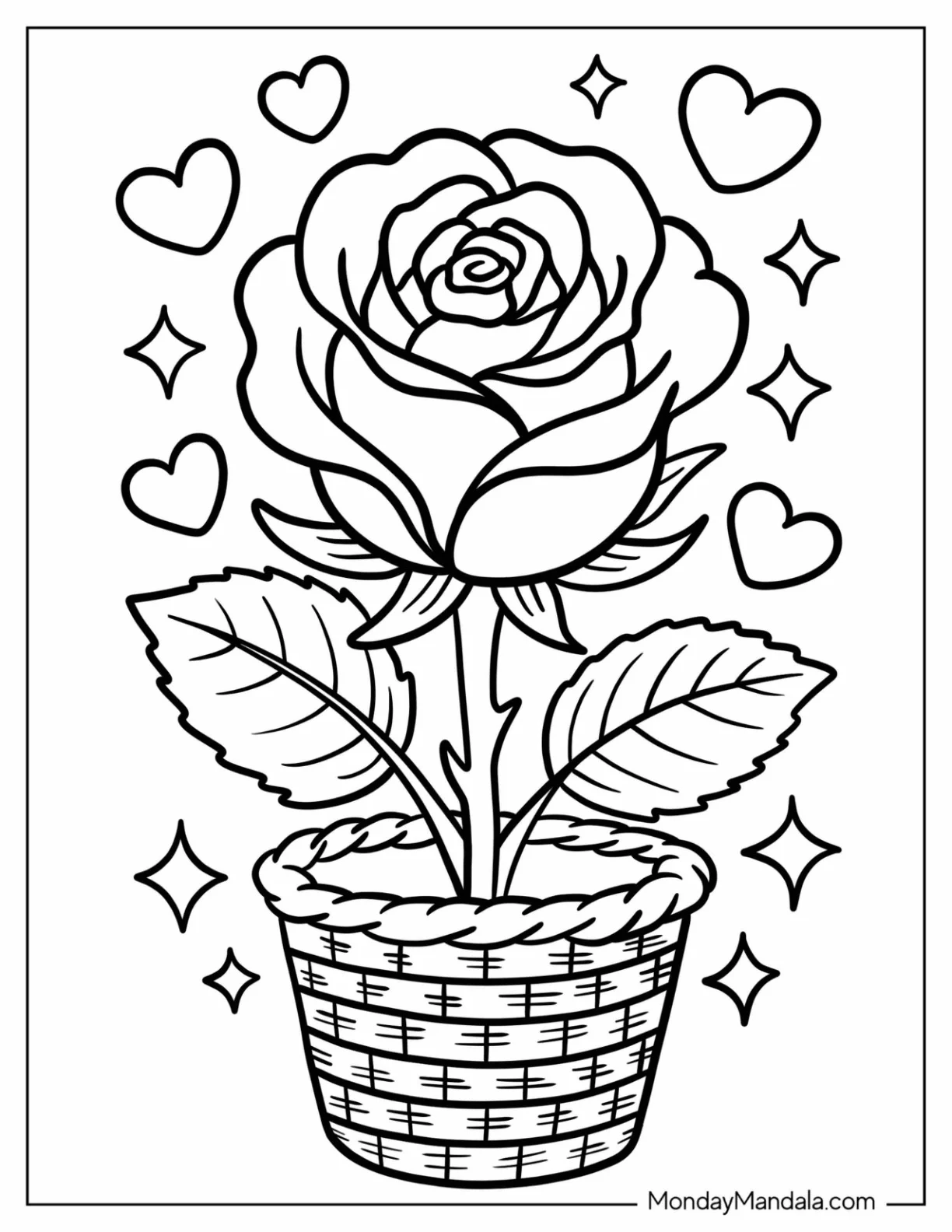 Easy Potted Rose Coloring Page With Love Hearts and Sparkles for Kids coloring page