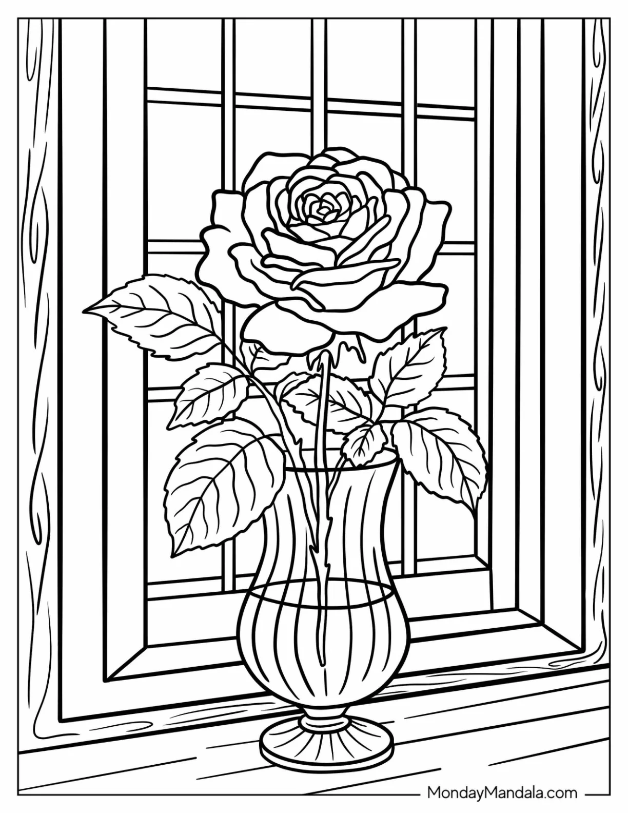 Elegant Flower Vase with a Single Rose Coloring Page coloring page — printable line art