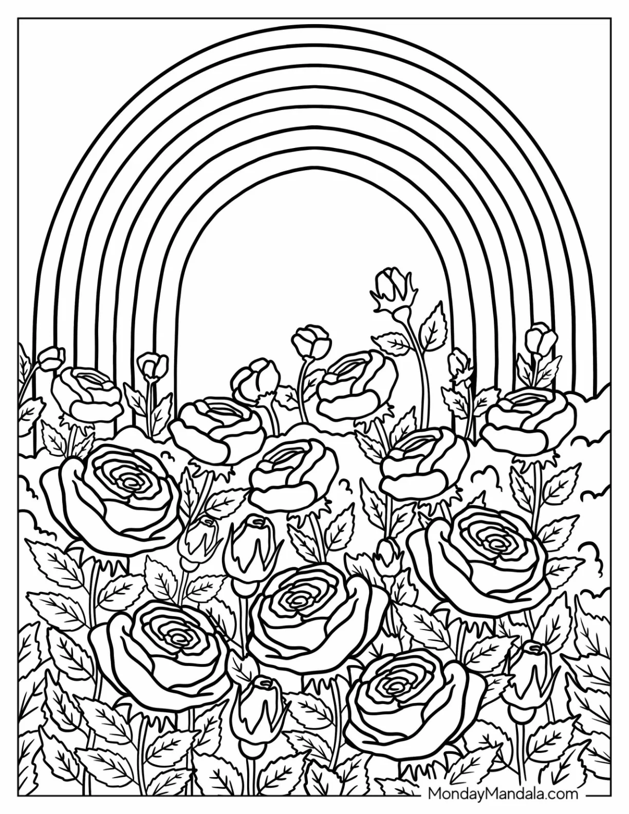 Field of Rose Coloring Page with Rainbow in the Sky coloring page — printable line art
