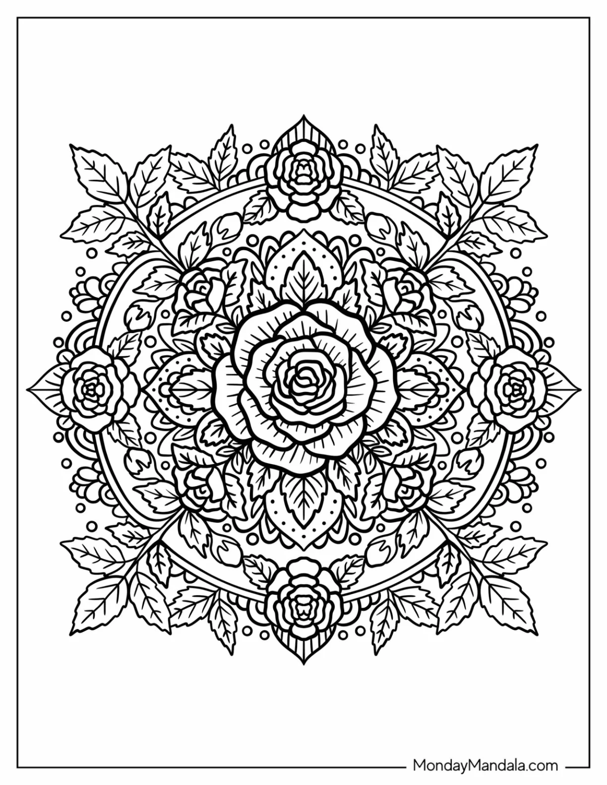 Intricate Rose Coloring Page Mandala with Leafy Designs coloring page — printable line art