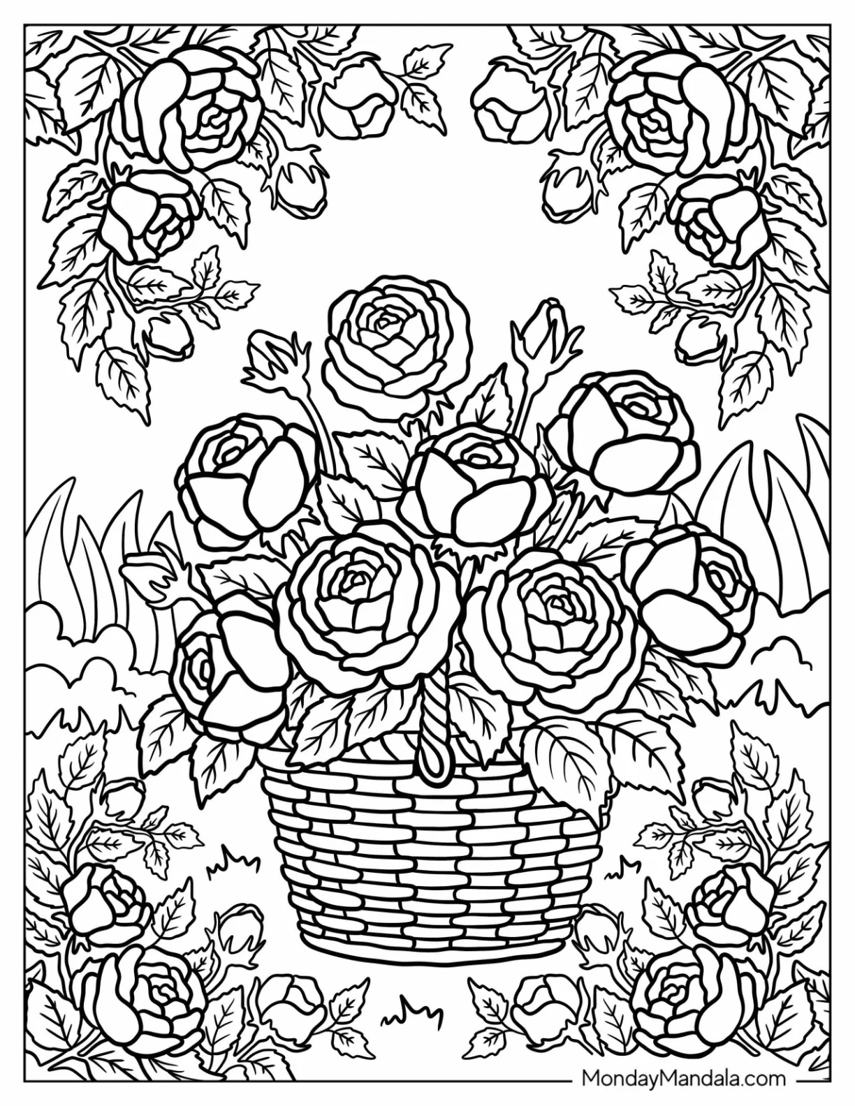 Large Basket of Rose Coloring Page in a Garden coloring page