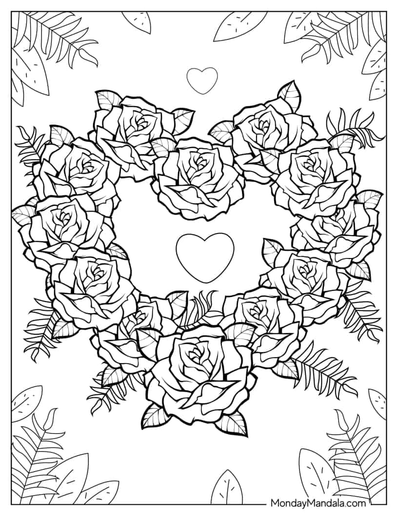 Love Heart Shape Made Of Roses To Color coloring page