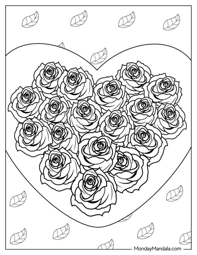 Love Heart Shape With Roses To Color coloring page