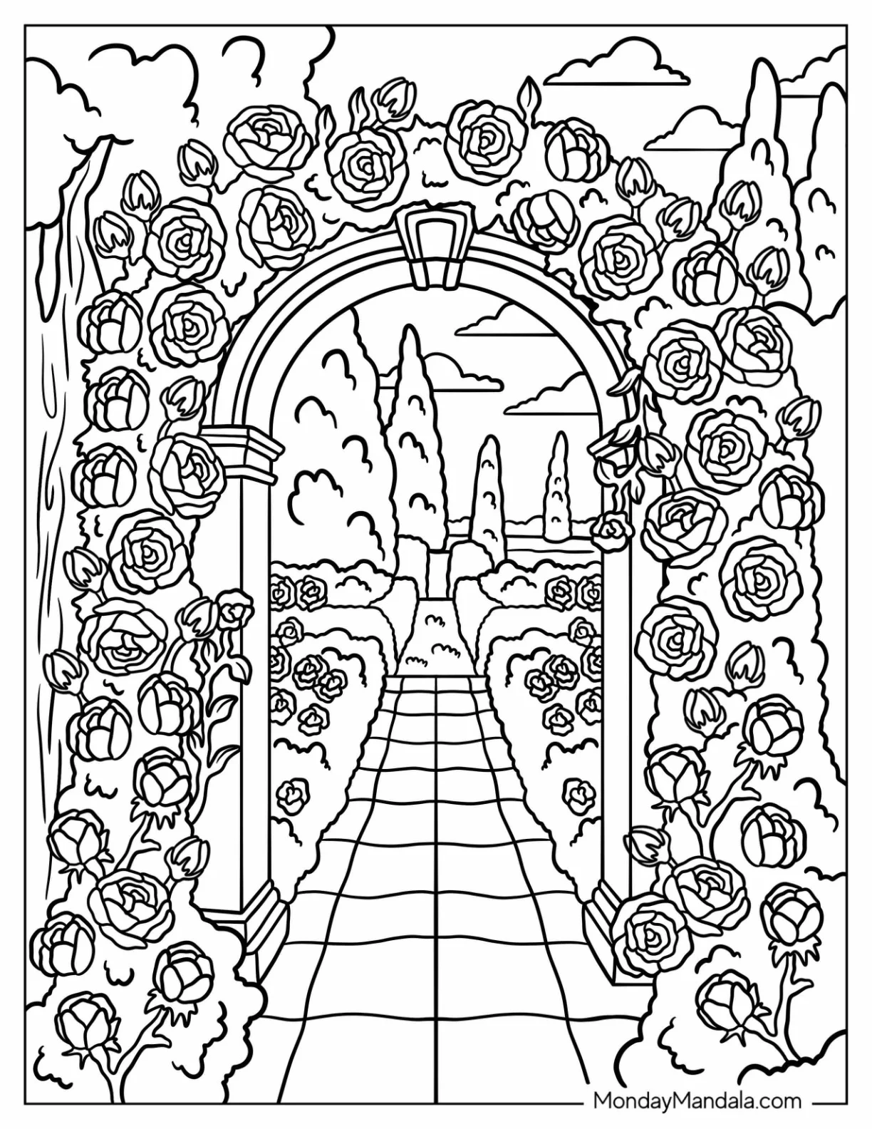 Magical Garden with Arched Entryways Covered in Roses Coloring Page coloring page — printable line art