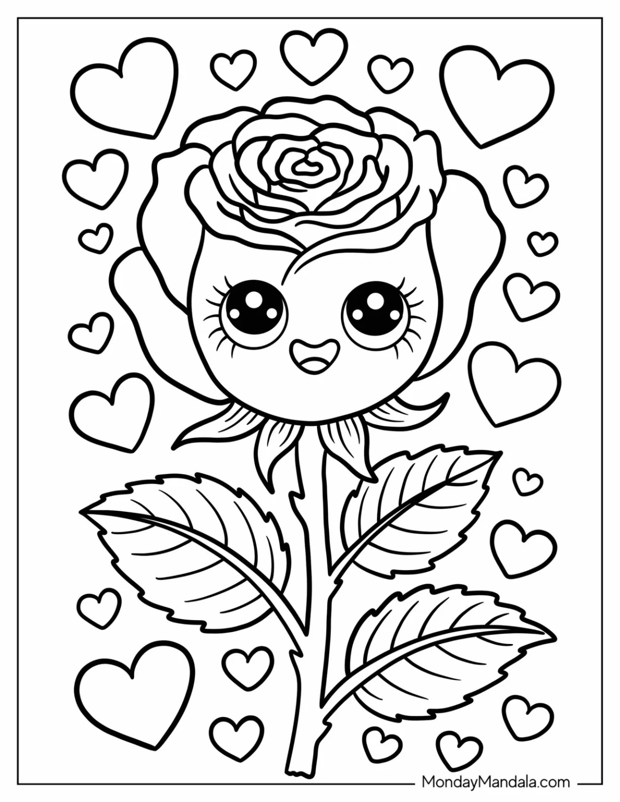 Pretty Cartoon Rose Coloring Page Surrounded by Love Hearts for Kids coloring page