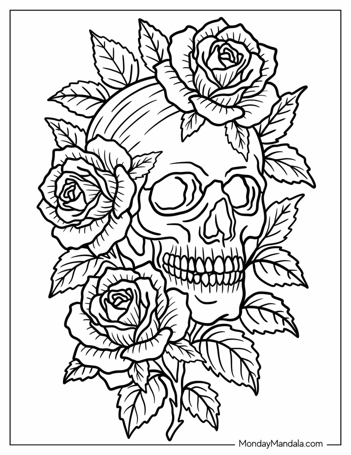Realistic Skull Covered in Large Rose Coloring Page and Leaves coloring page