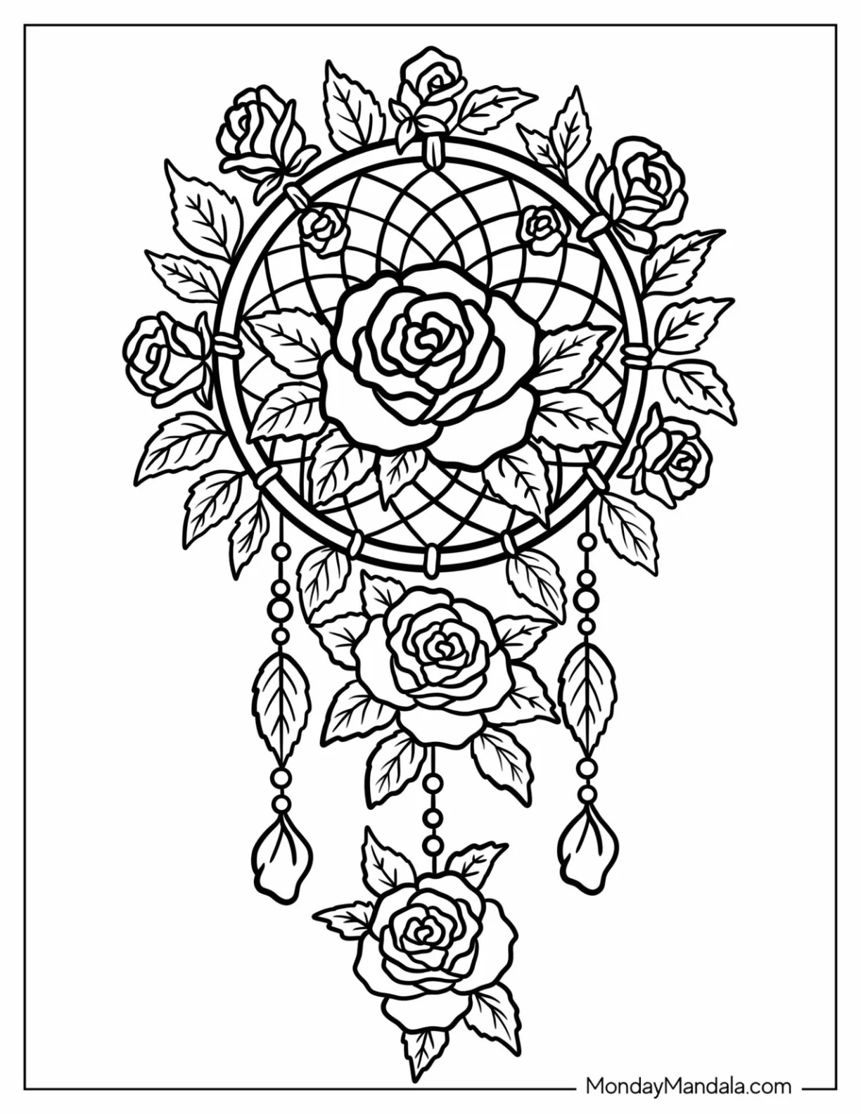 Romantic Rose Coloring Page Dreamcatcher with Beads and Leaves coloring page