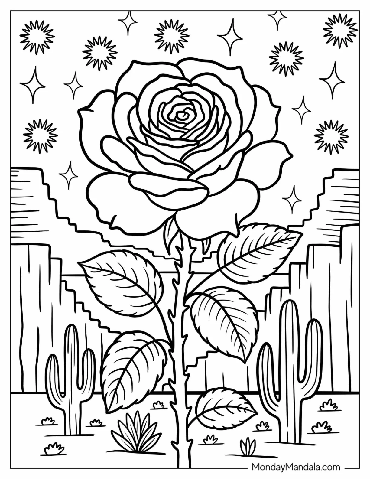 Rose Coloring Page Blooming in the Desert with Cacti in the Background coloring page