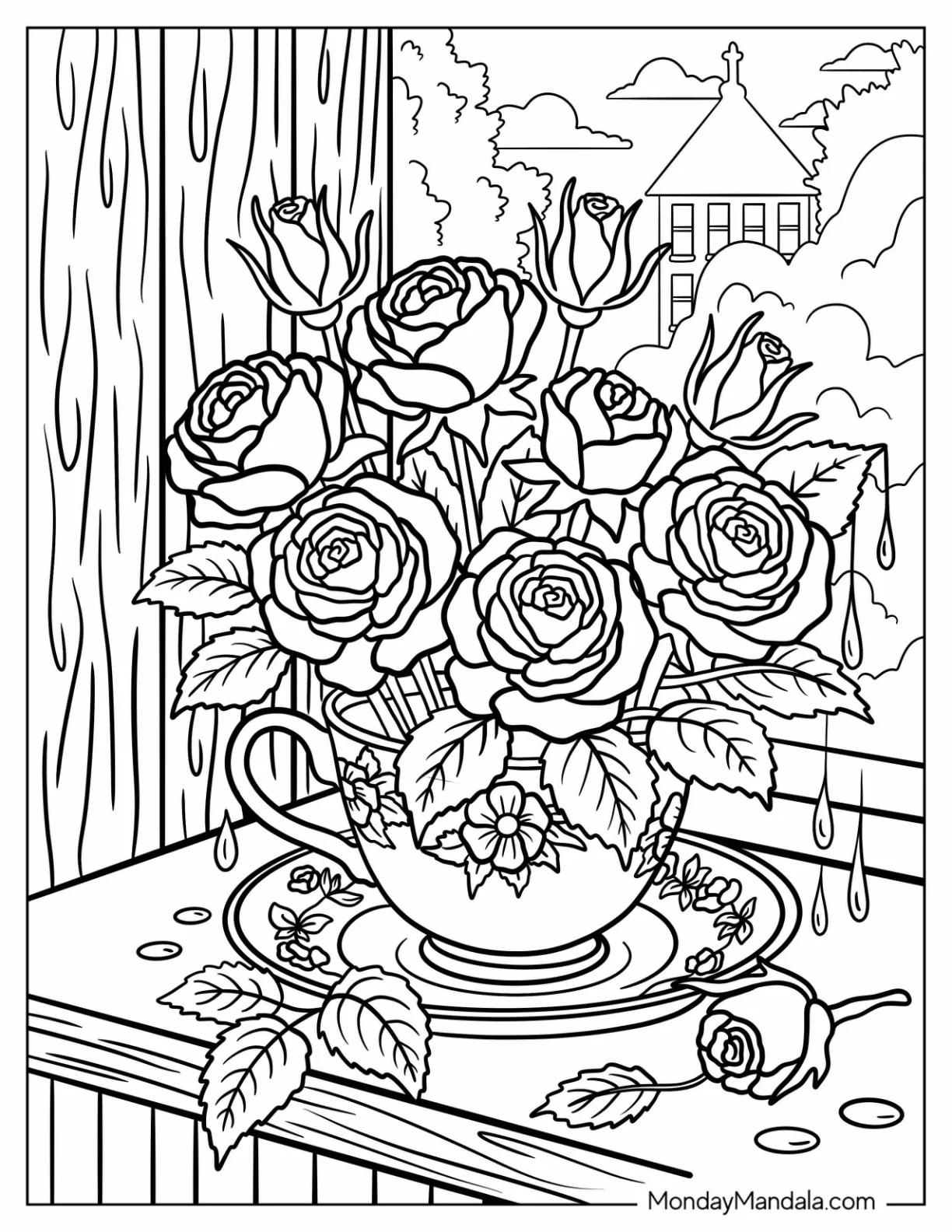 Rose Coloring Page in a Floral Teacup by the Window coloring page
