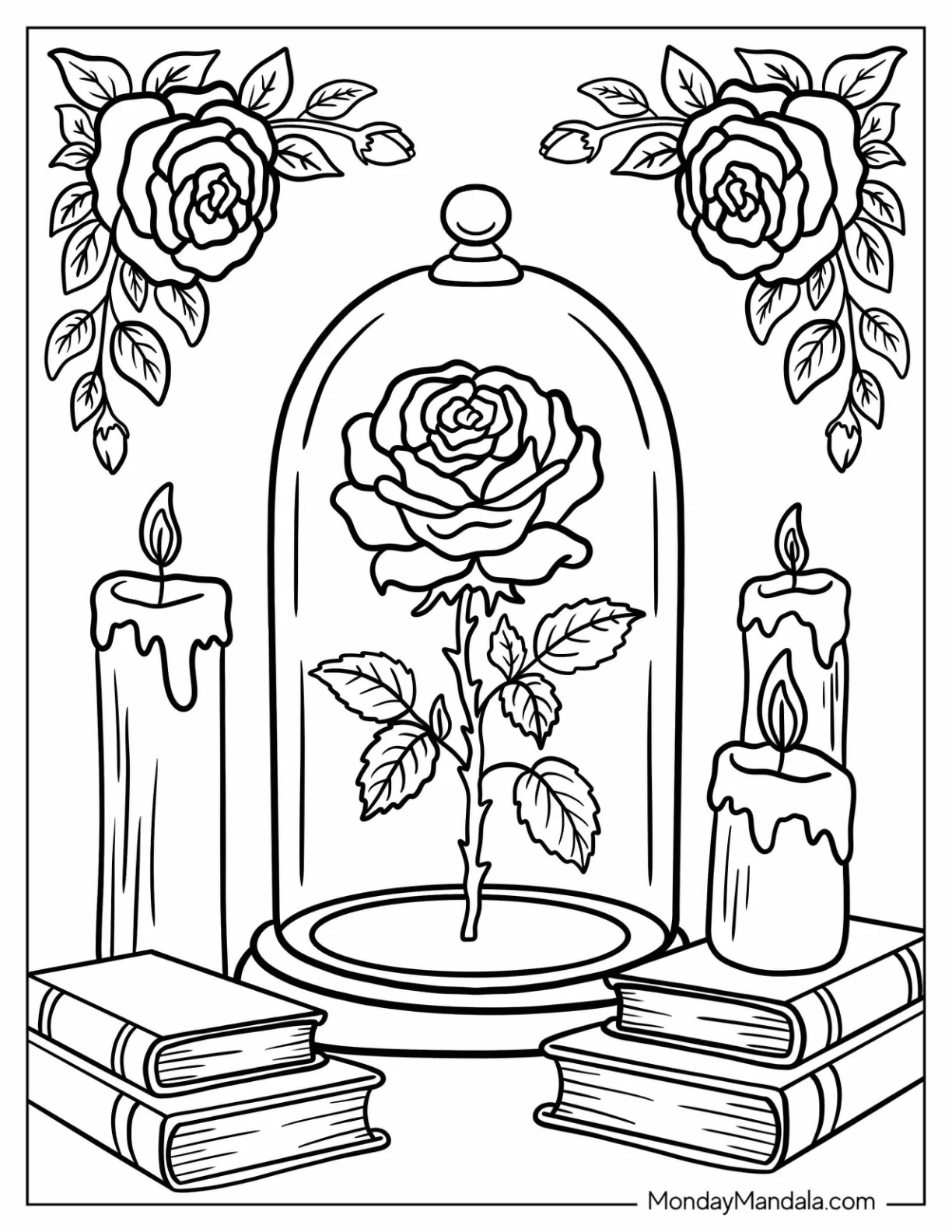 Rose Coloring Page in a Glass Dome Surrounded by Candles and Books coloring page