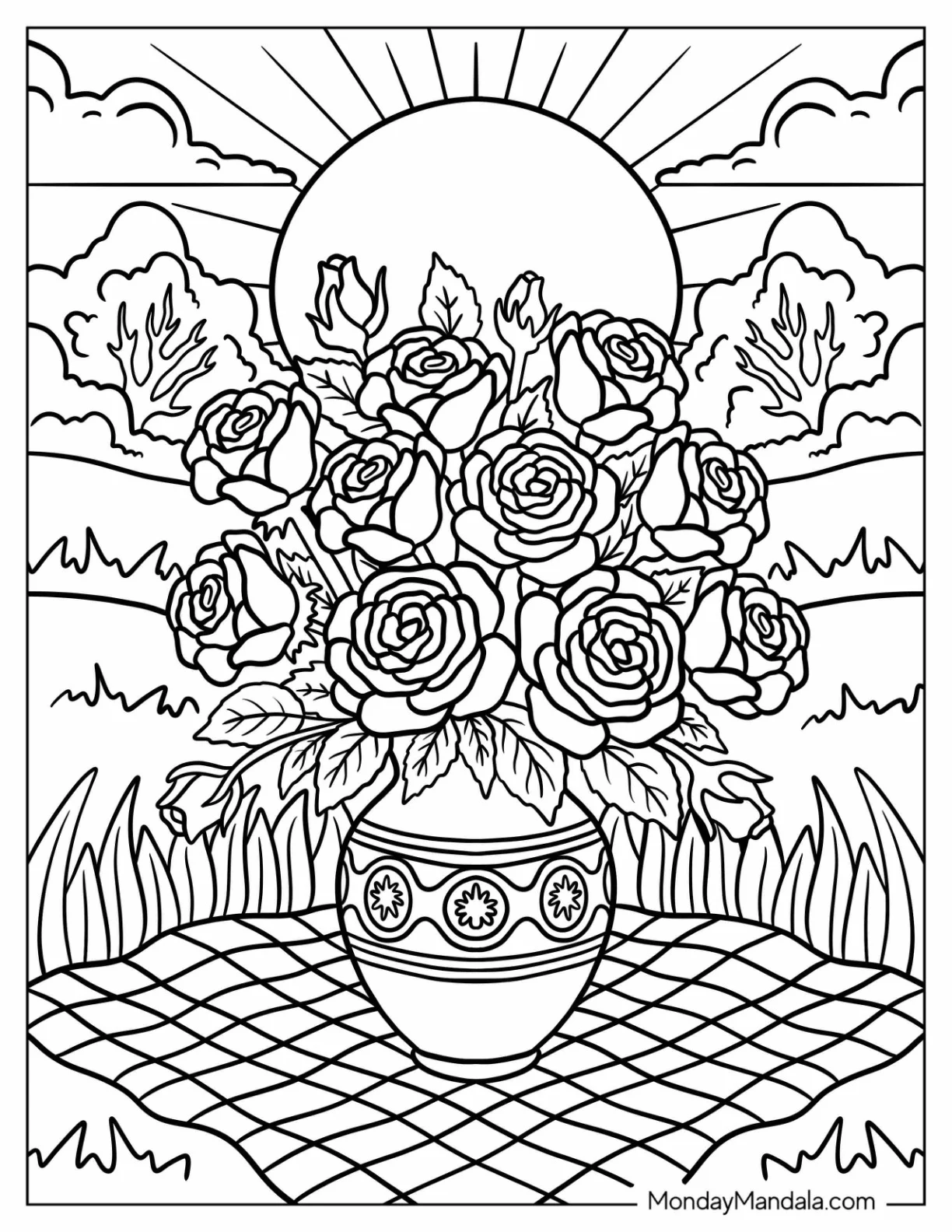 Rose Coloring Page in a Large Patterned Vase under the Sun coloring page