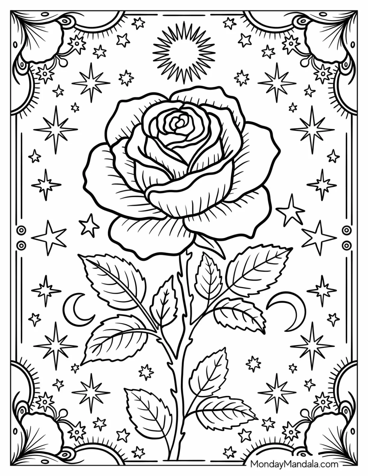 Rose Coloring Page Tarot Card With Elegant Frame and Sparkles coloring page