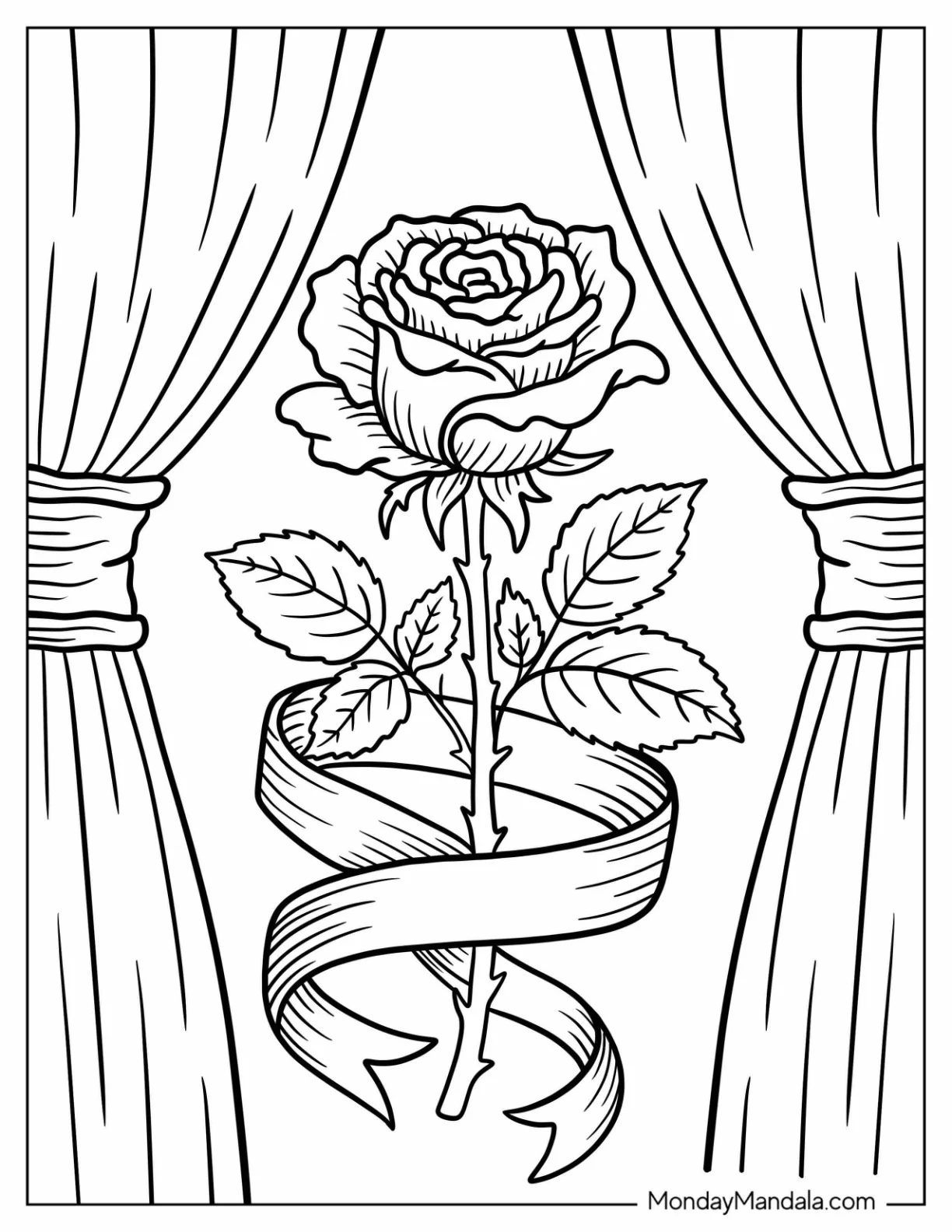Rose Coloring Page with Leaves Loosely Wrapped in a Ribbon coloring page