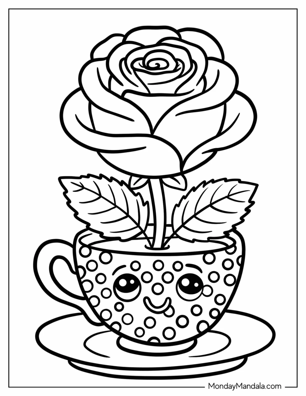 Smiling Dotted Teacup with Rose Coloring Page Inside for Kids coloring page — printable line art