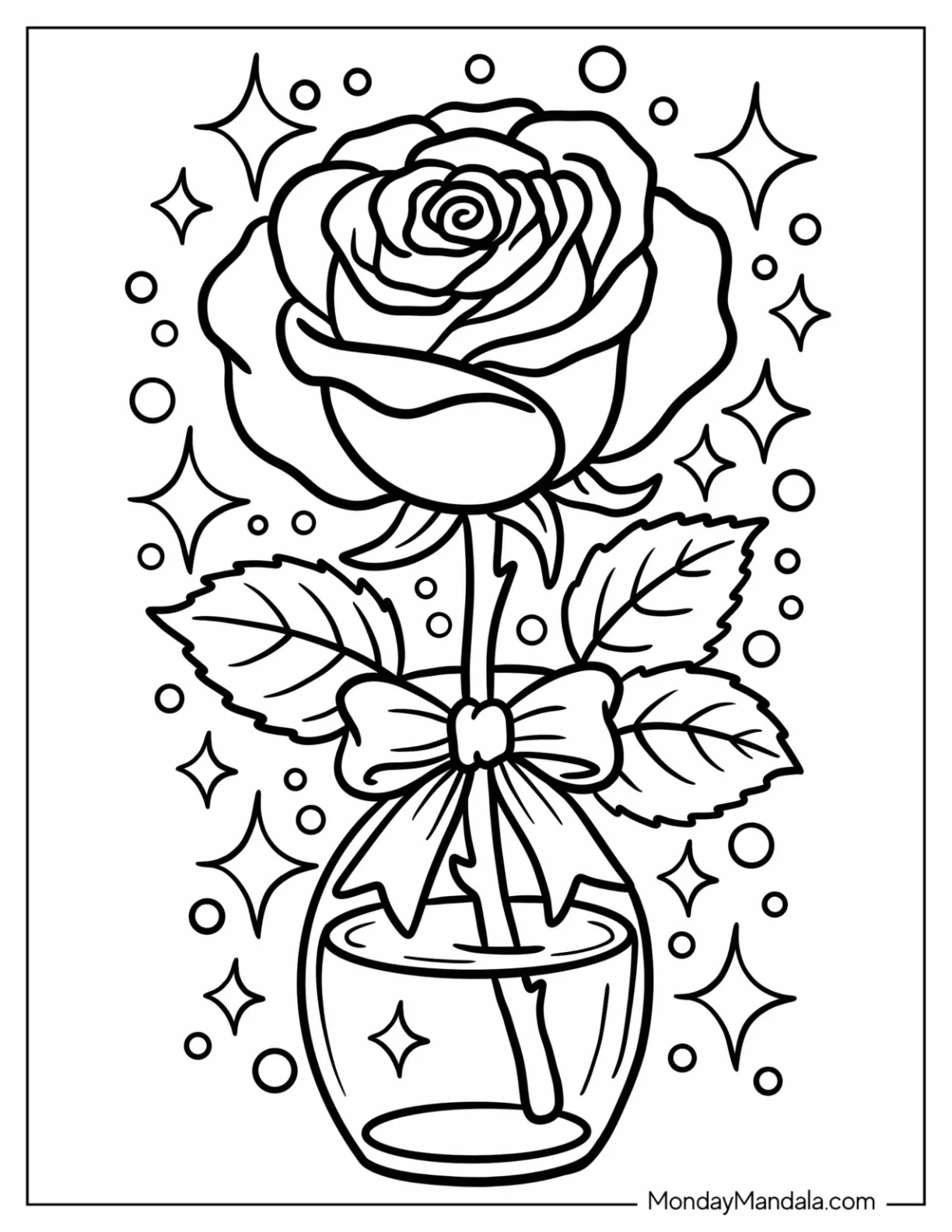 Sparkling Rose Coloring Page with Pretty Bow in a Jar Vase for Kids coloring page — printable line art