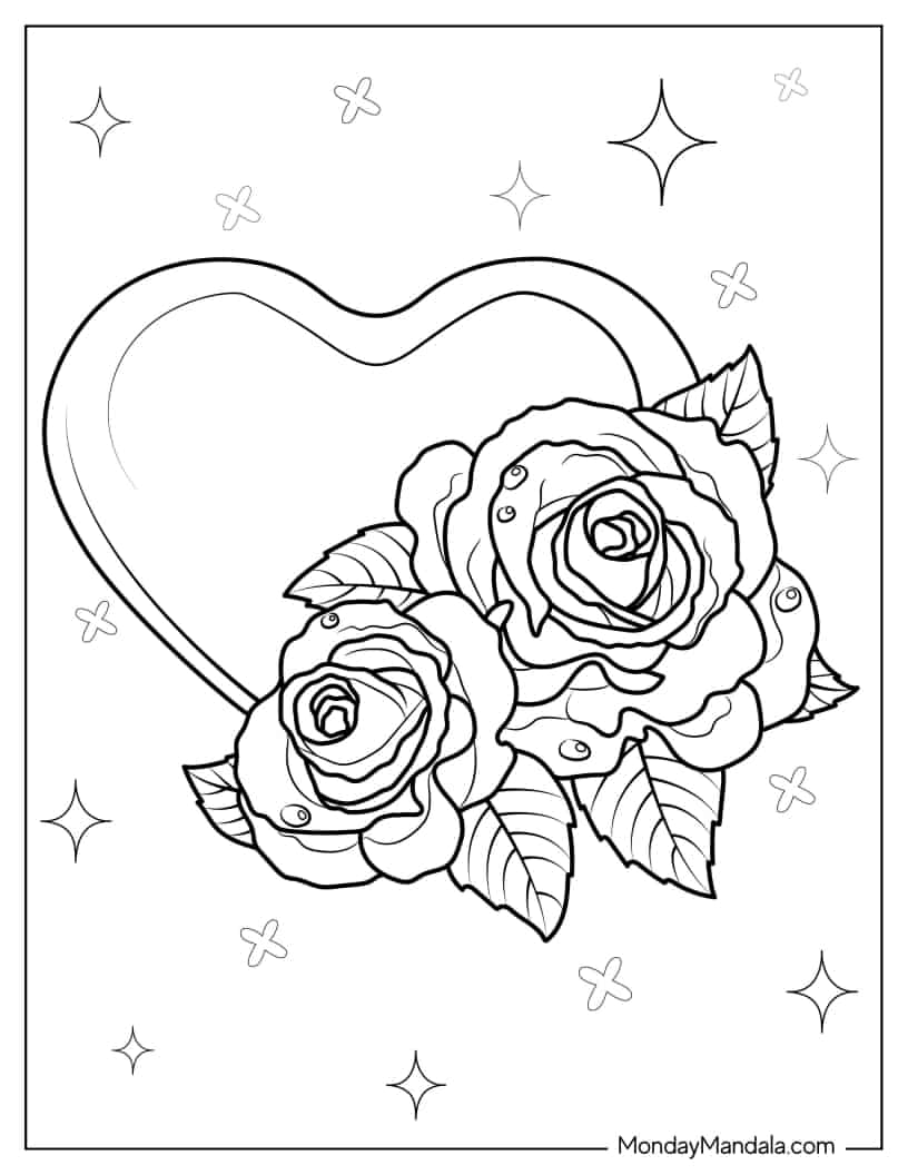 Two Roses With a Love Heart coloring page