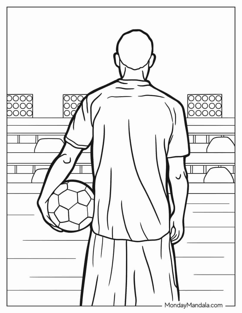 Back Of a Soccer Player Holding a Ball coloring page — printable line art