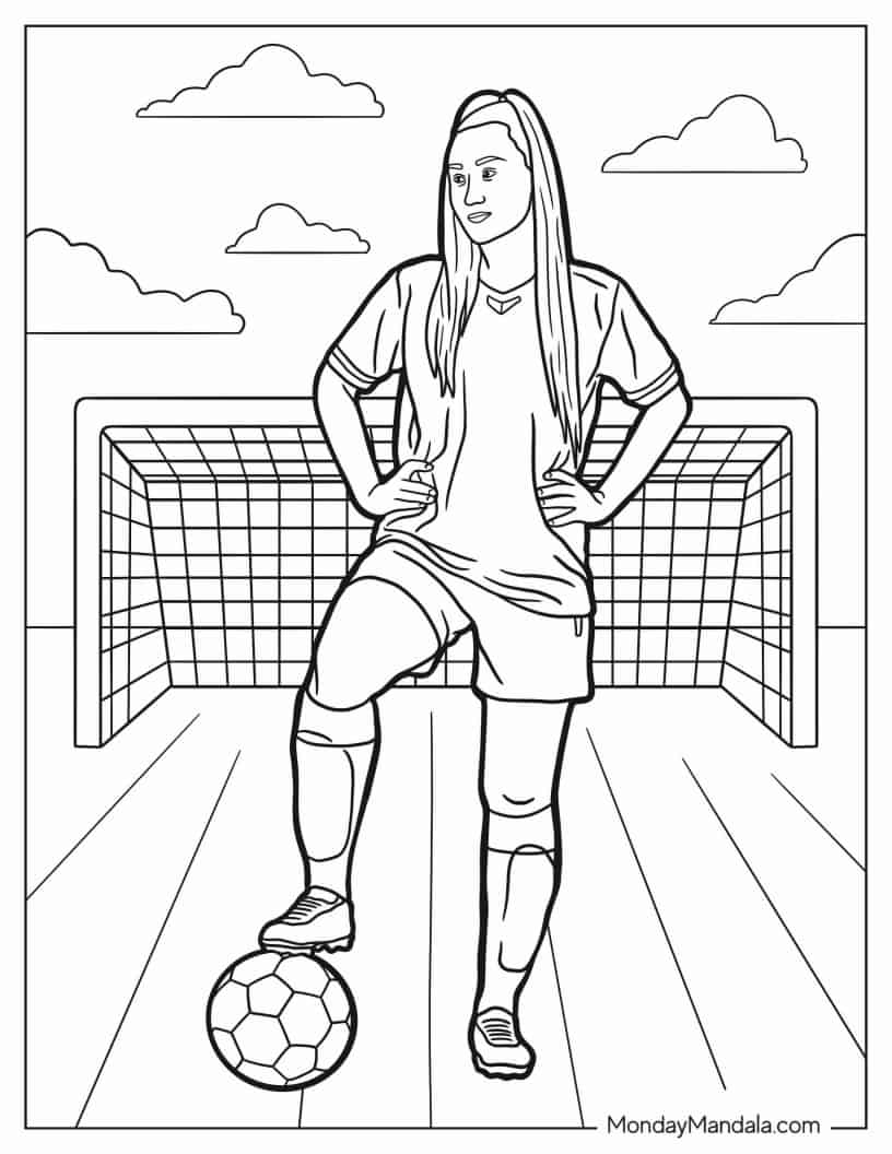 Female Soccer Player In Front Of GoalFemale Soccer Player In Front Of Goal coloring page — printable line art