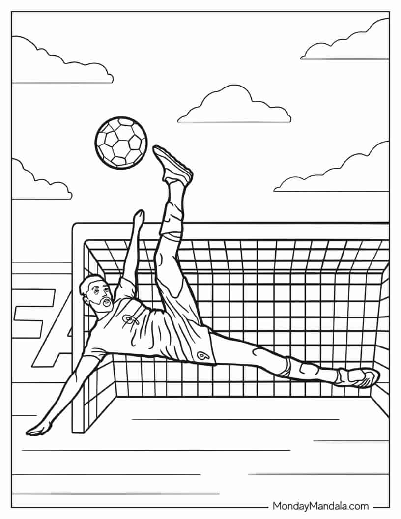 Soccer Player Doing Bicycle Kick To Color coloring page — printable line art