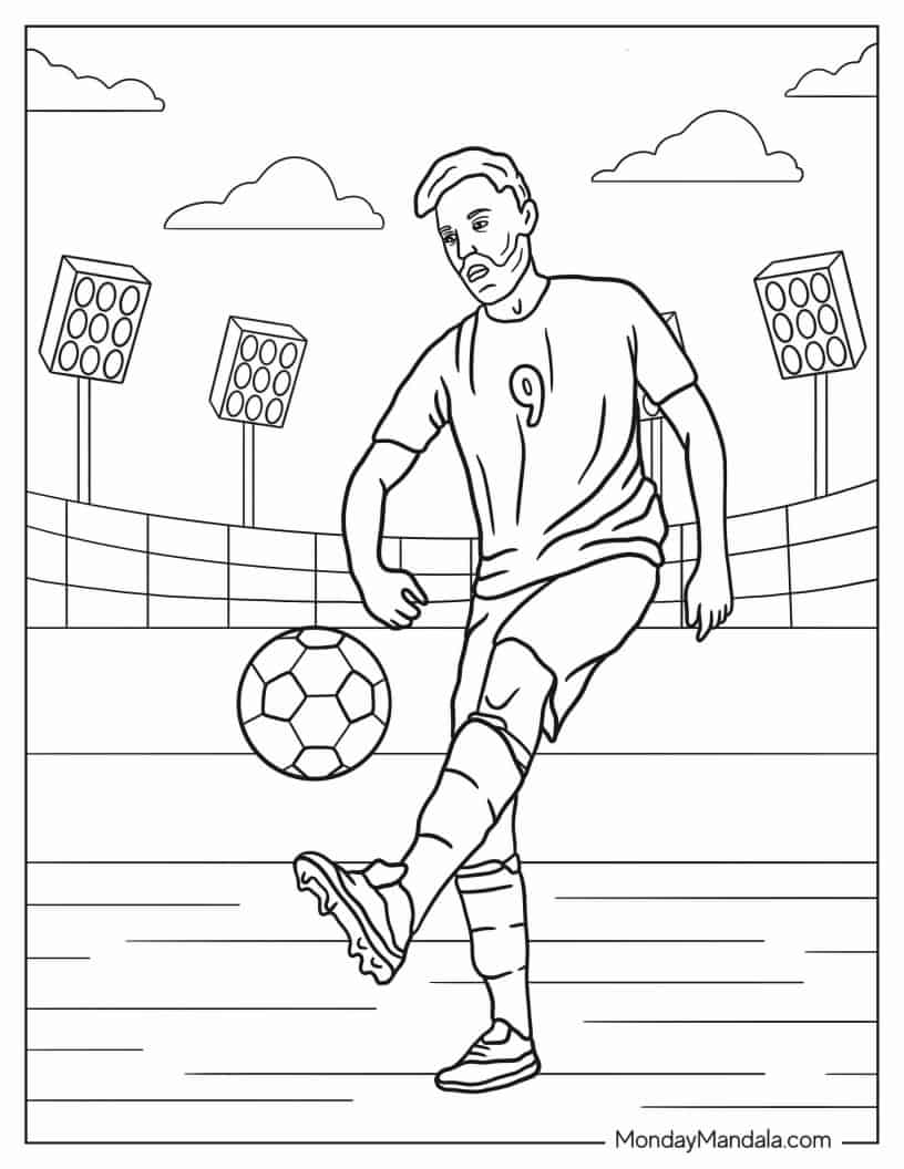 Soccer Player Doing Trick Shots coloring page — printable line art