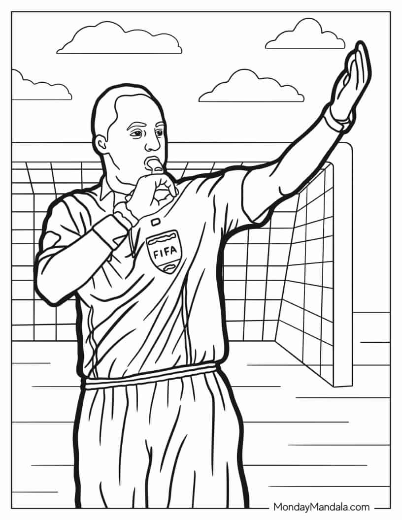 Soccer Referee Blowing Whistle To Color coloring page — printable line art