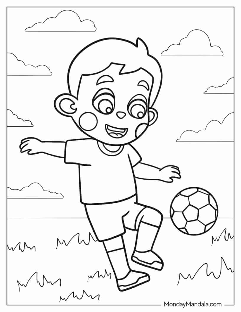 Young Child Playing Soccer On Field coloring page — printable line art