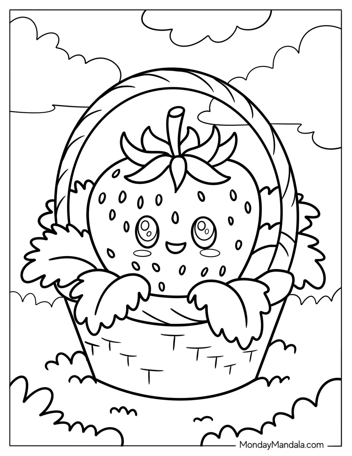 Adorable Strawberry Coloring Page In A Basket coloring page — printable line art