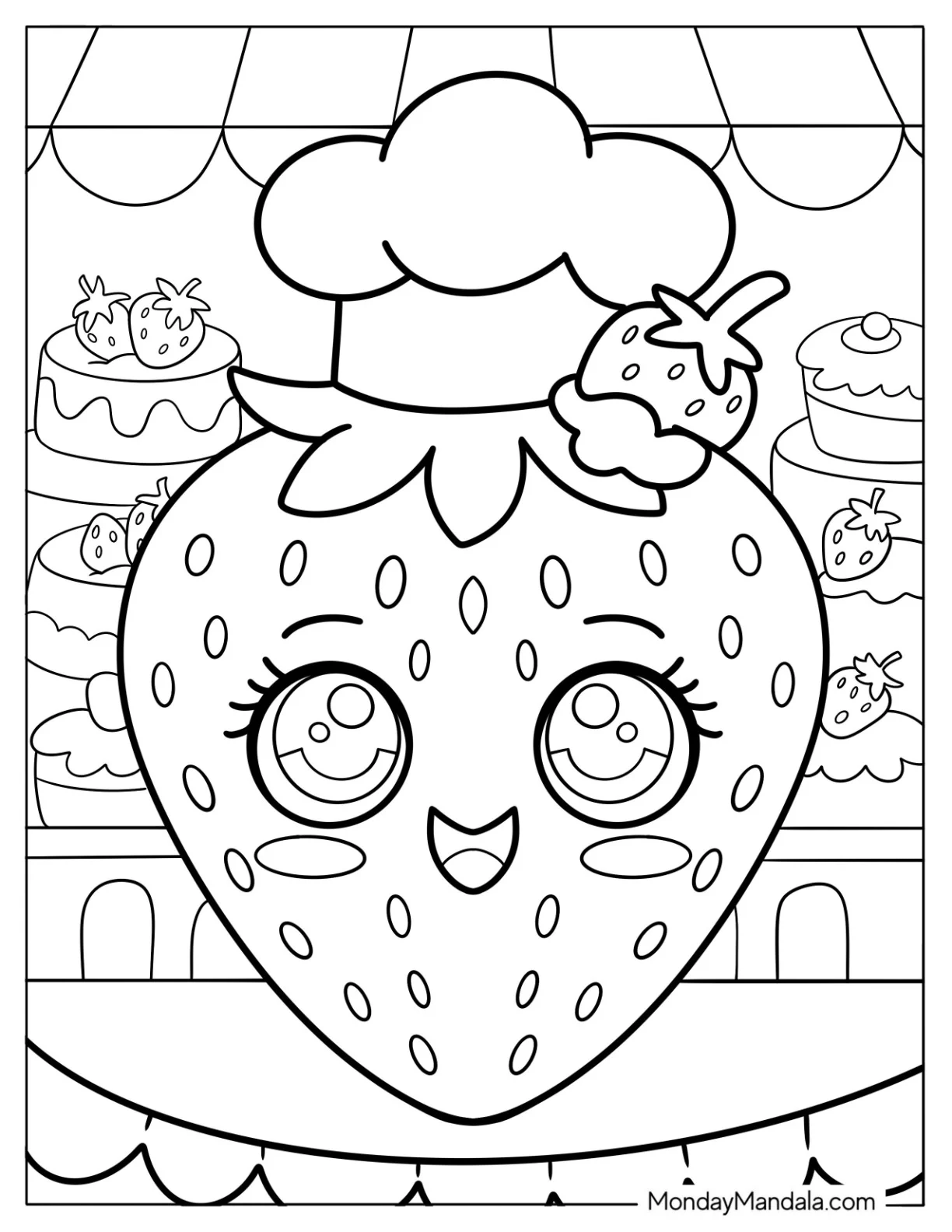 Chef Strawberry Coloring Page In Front Of Pastries coloring page