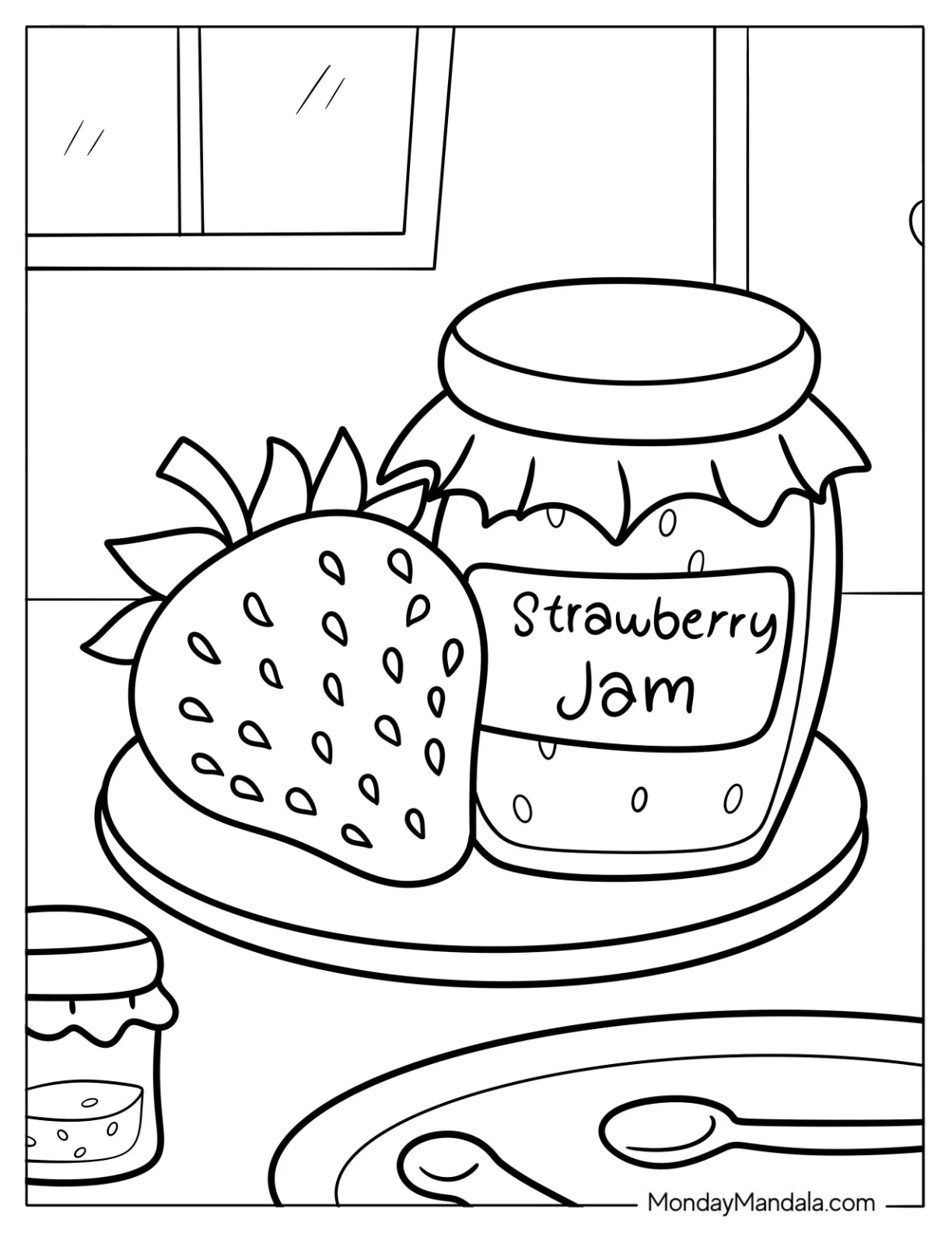 Detailed Strawberry Coloring Page With A Jam coloring page
