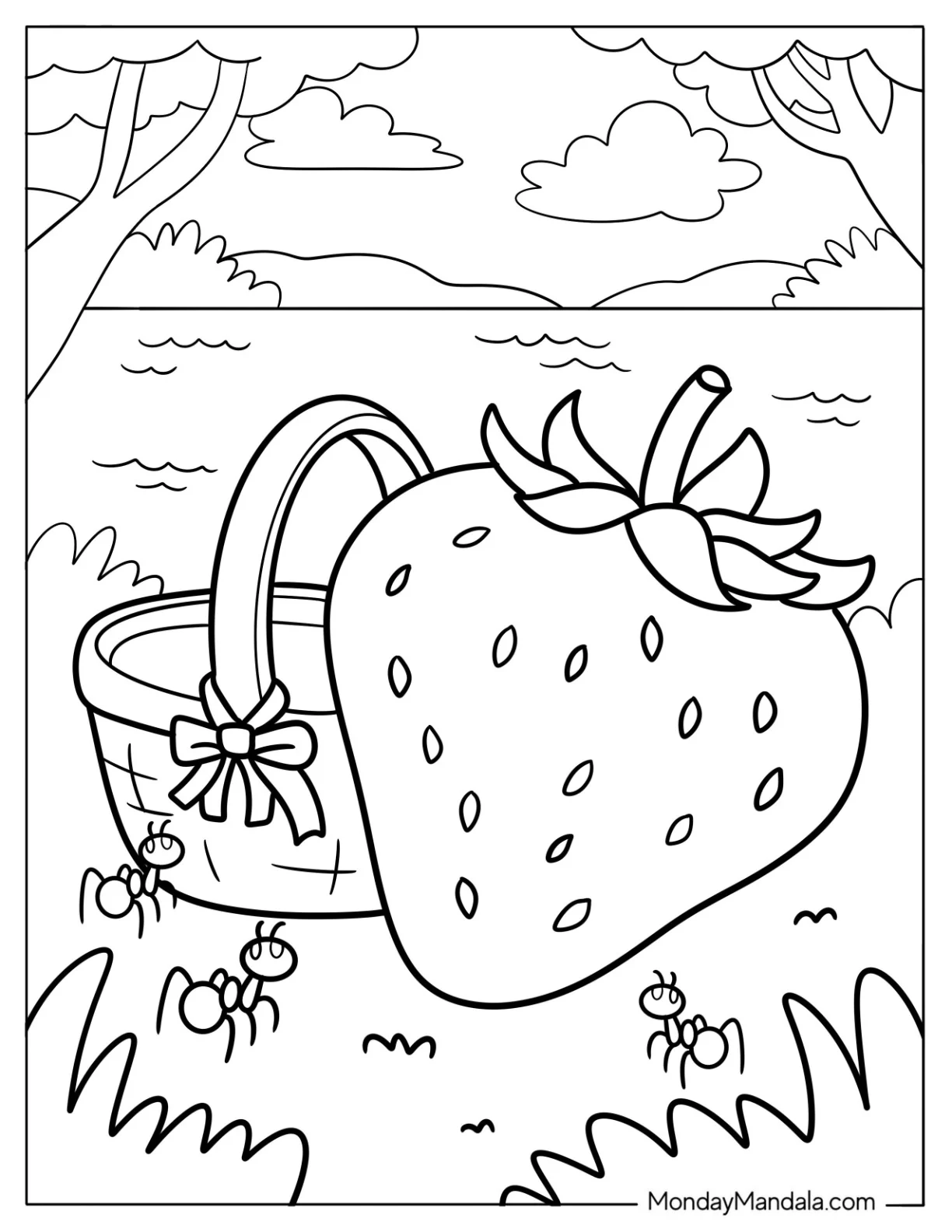Giant Strawberry Coloring Page Beside A Basket With Ants coloring page — printable line art