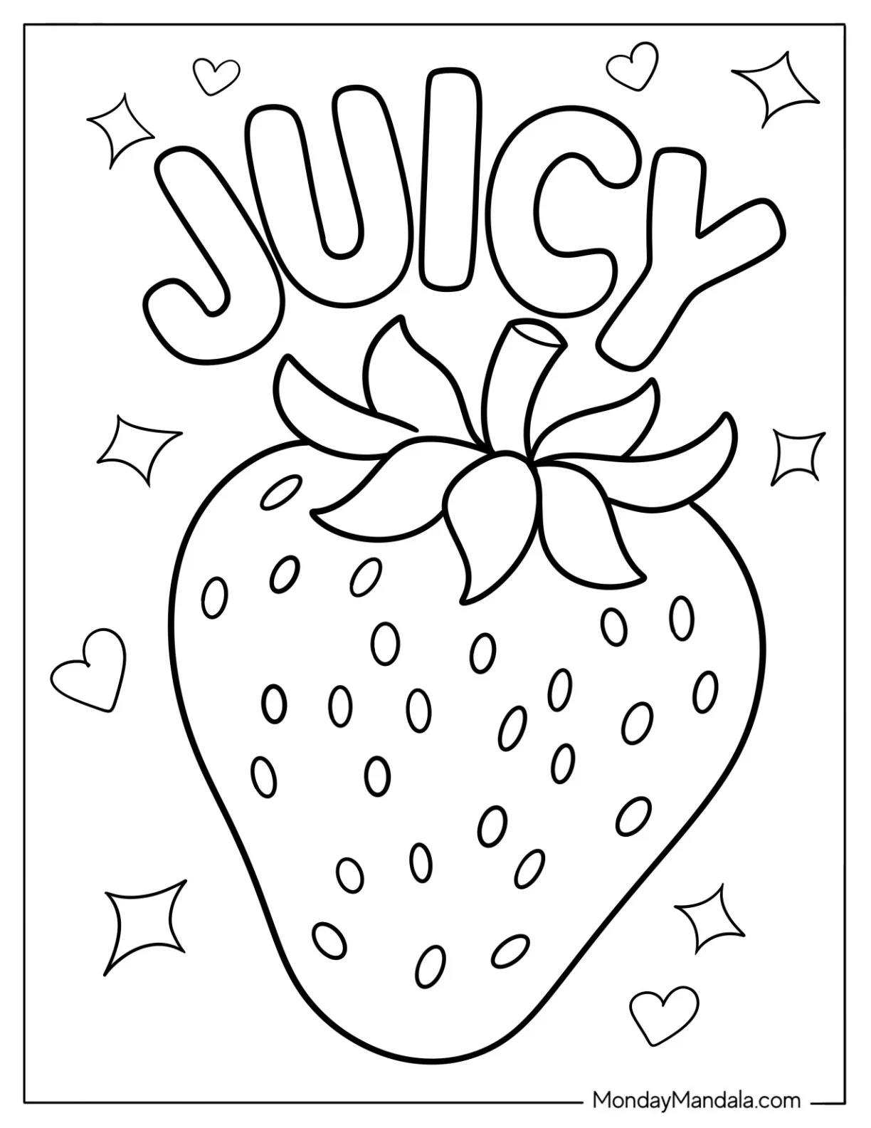 Juicy Word Above A Large Strawberry Coloring Page coloring page — printable line art