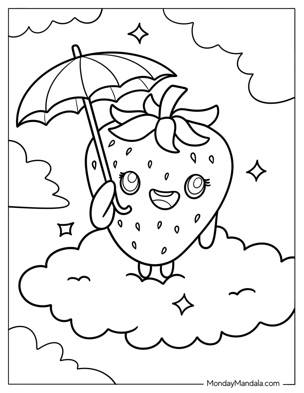 Kawaii Strawberry Coloring Page On The Cloud With An Umbrella For Kids coloring page — printable line art