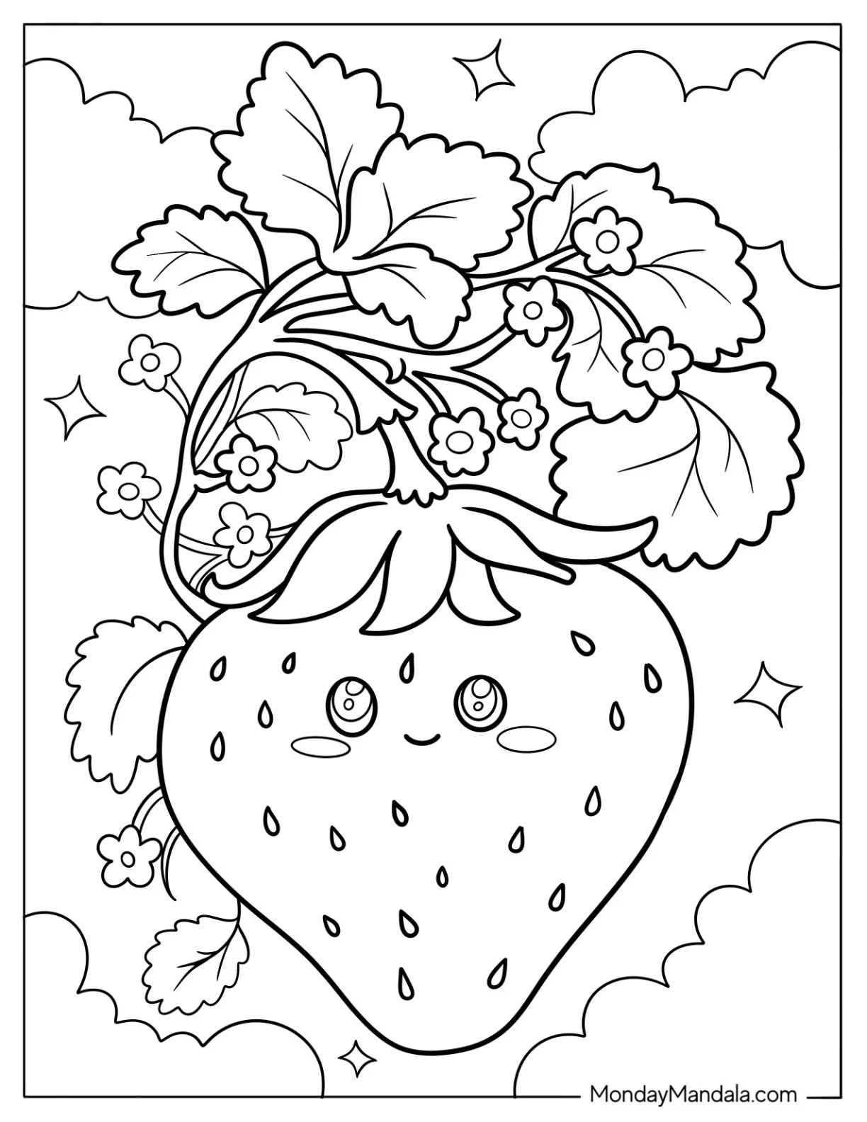 Large Cute Strawberry Coloring Page On A Vine coloring page