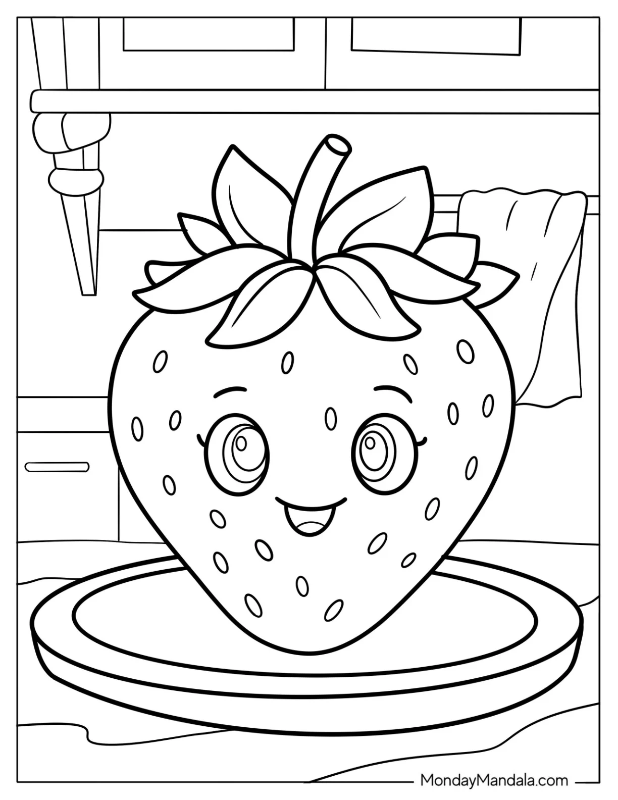 Pretty Strawberry Coloring Page On A Plate For Kids coloring page