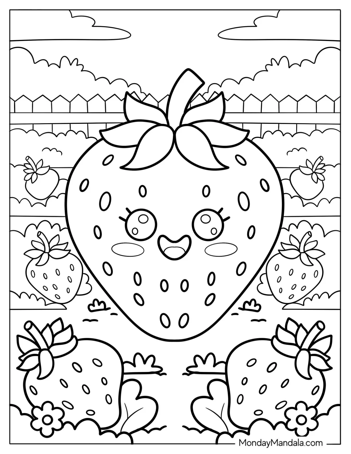 Strawberry Coloring Page In A Garden For Kids coloring page — printable line art