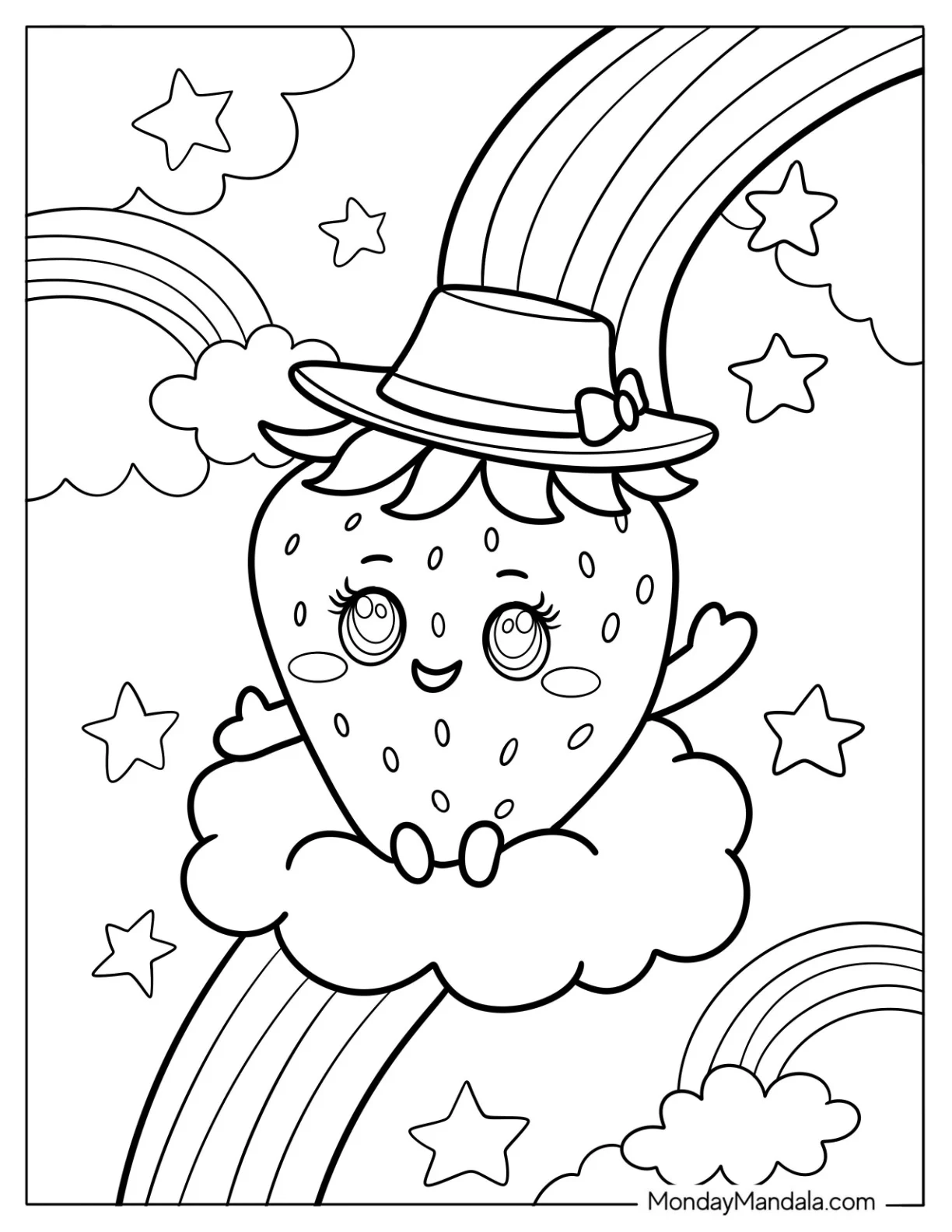 Strawberry Coloring Page On A Cloud Sliding Down A Rainbow coloring page