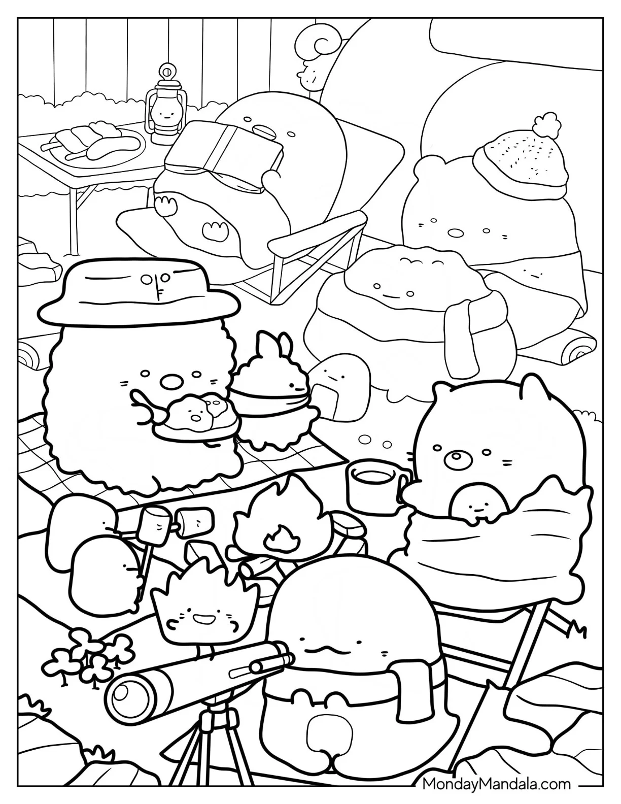 Sumikko Gurashi Coloring Page Of Backyard Bonfire With Minnikos coloring page