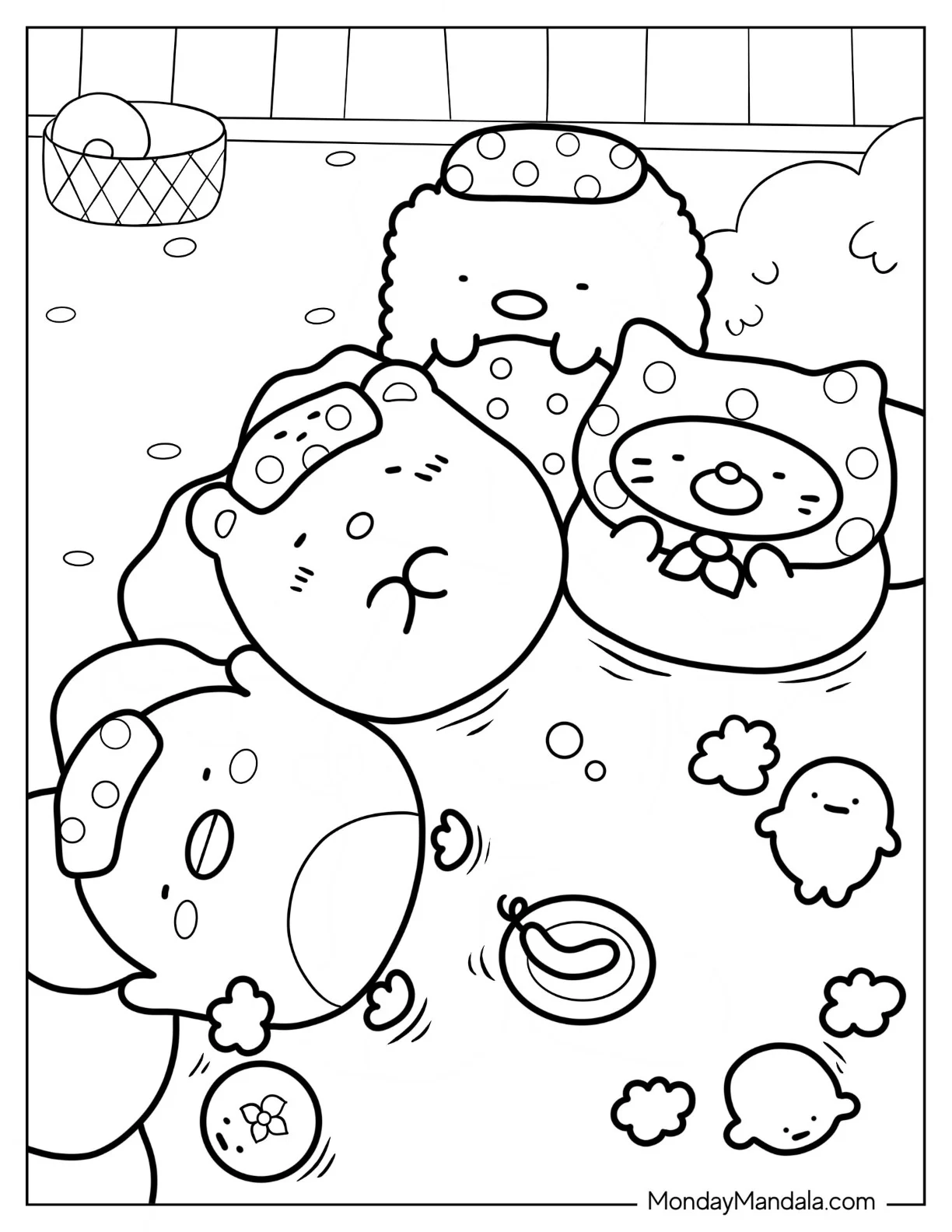Sumikko Gurashi Coloring Page Of Penguin, Shirokuma, Neko, And Tonkatsu In Bath coloring page