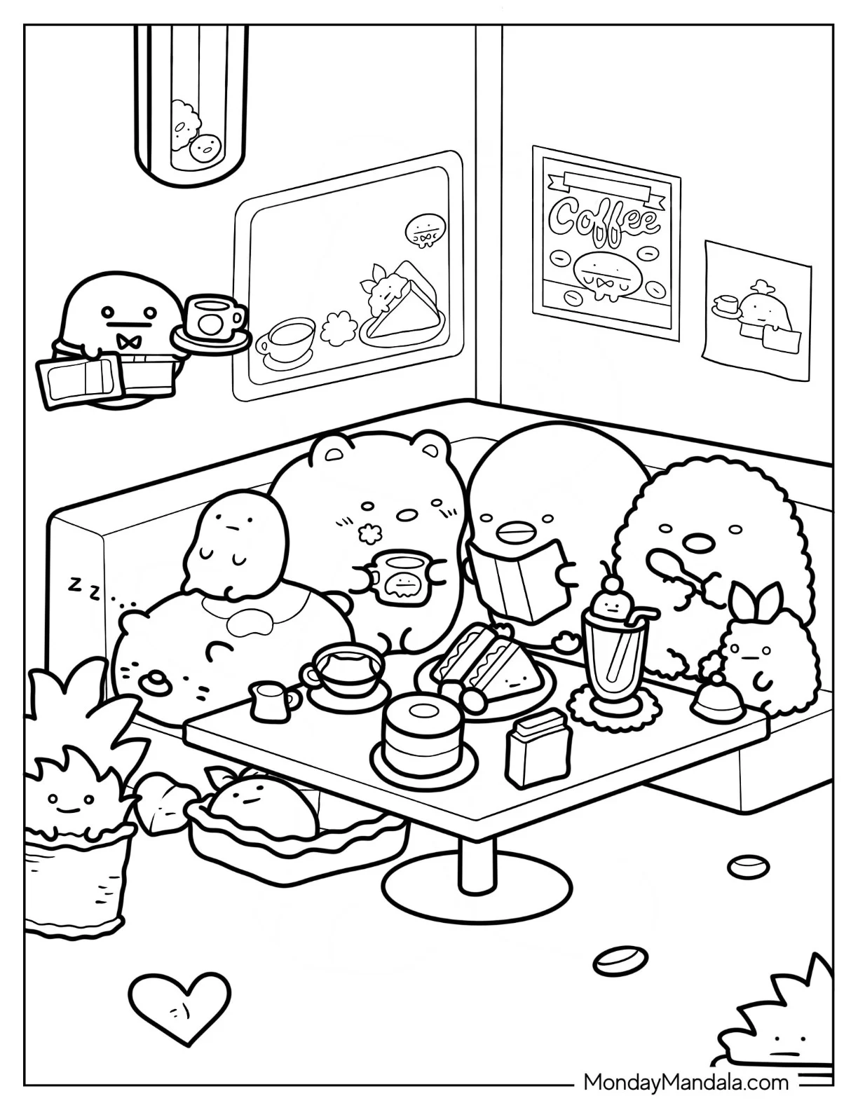 Sumikko Gurashi Coloring Page Of Summiko Gurashi Friends In Diner With Minnikos coloring page