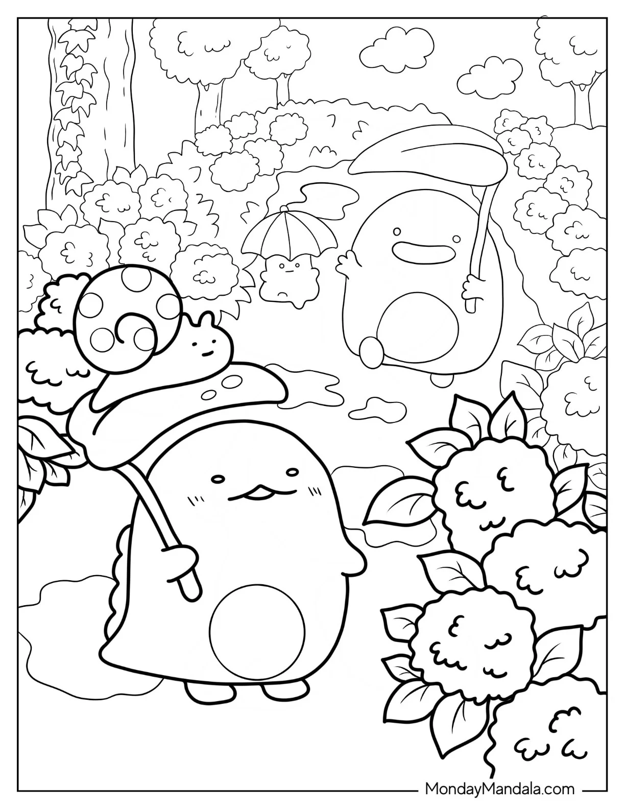 Sumikko Gurashi Coloring Page Of Tokage With Penguin And Minnikos Under The Rain coloring page