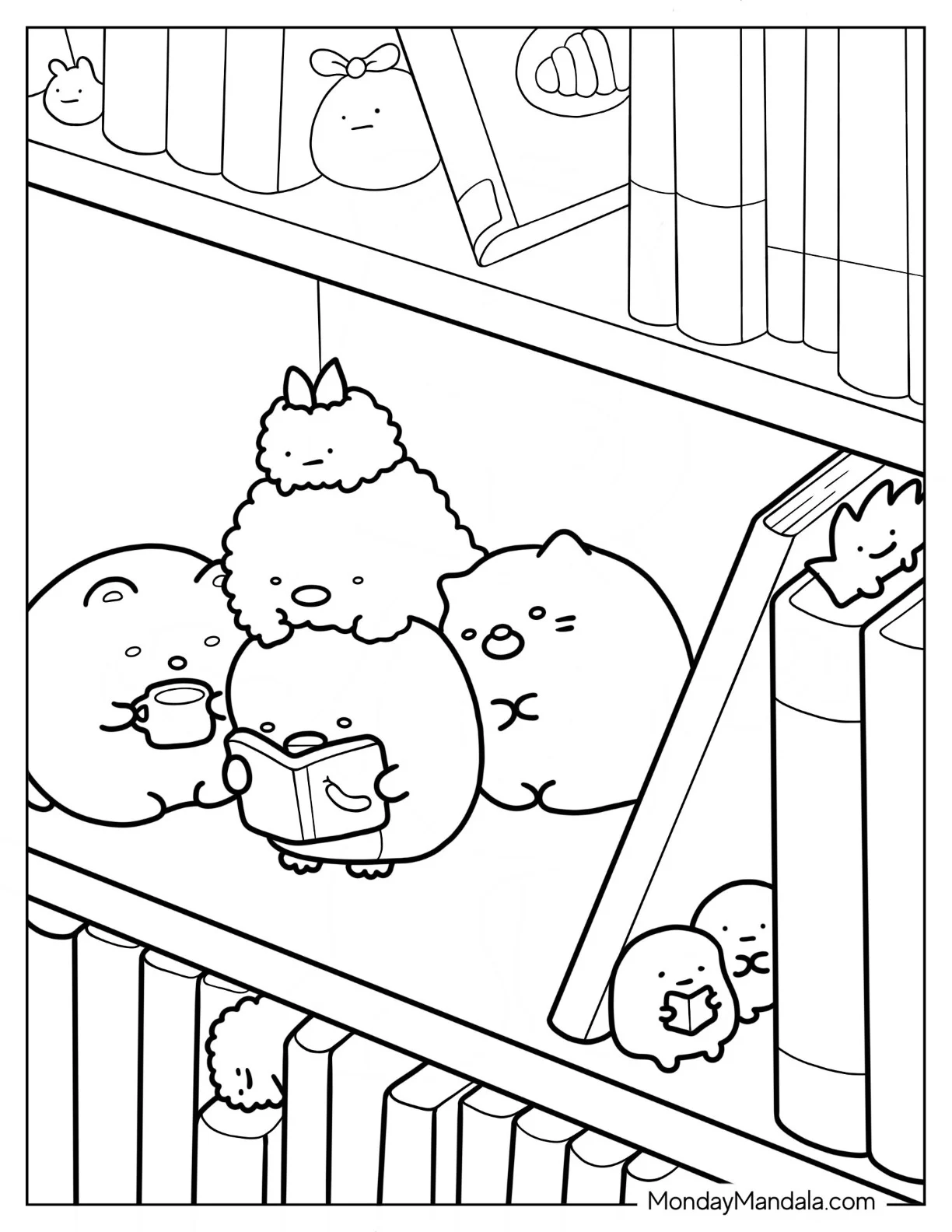 Sumikko Gurashi Coloring Page Of Tonkatsu, Penguin, Niko, And Polari Reading With Minnikos coloring page