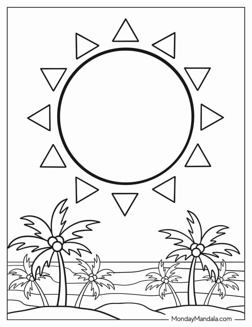 Big Sun Shining Over The Beach coloring page