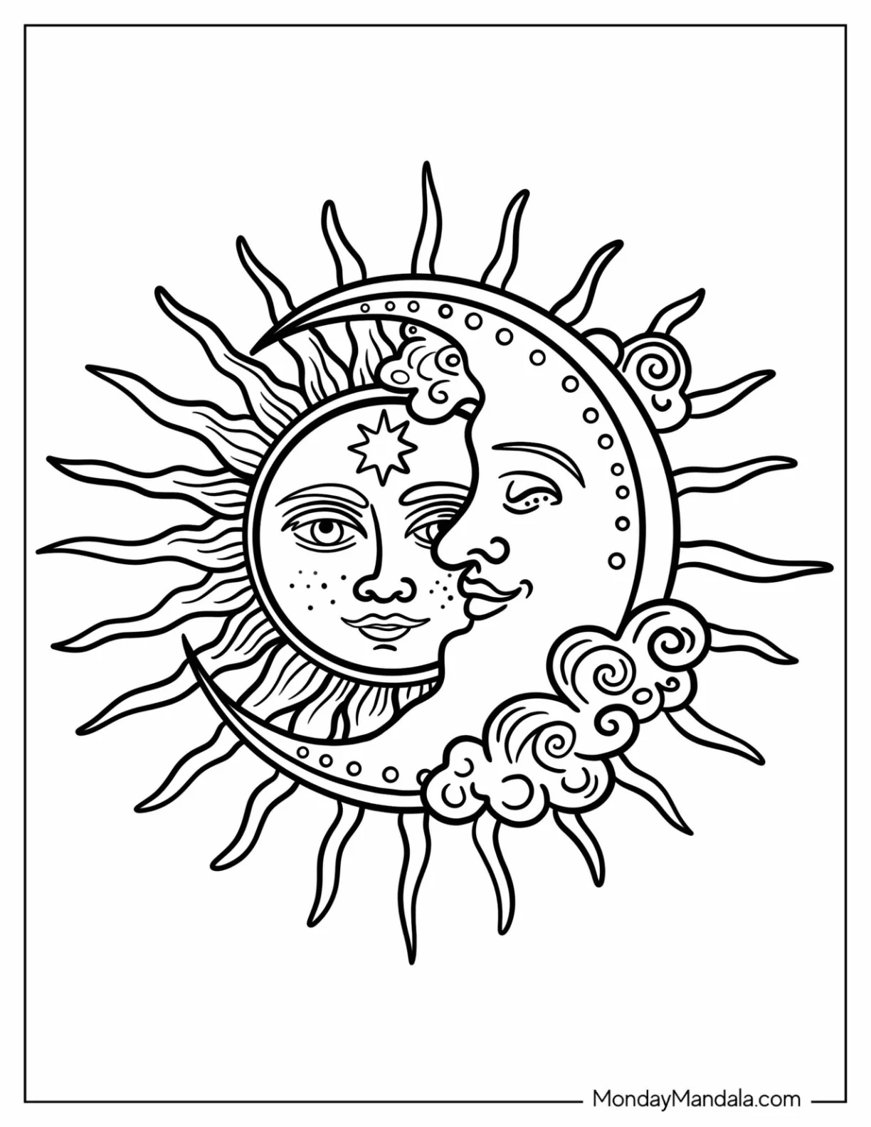 Crescent Moon In Front Of The Sun coloring page — printable line art