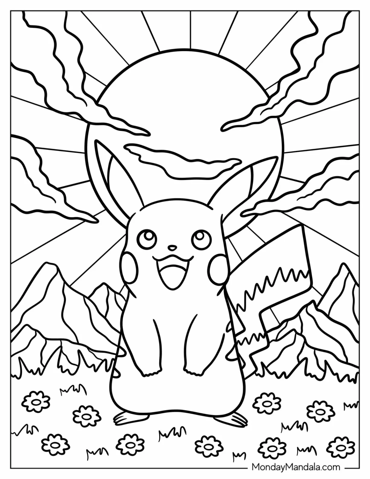 Cute Pikachu Standing Under The Sun coloring page